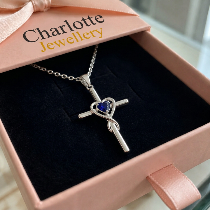 Sapphire Heart Stone Cross Necklace | White Gold