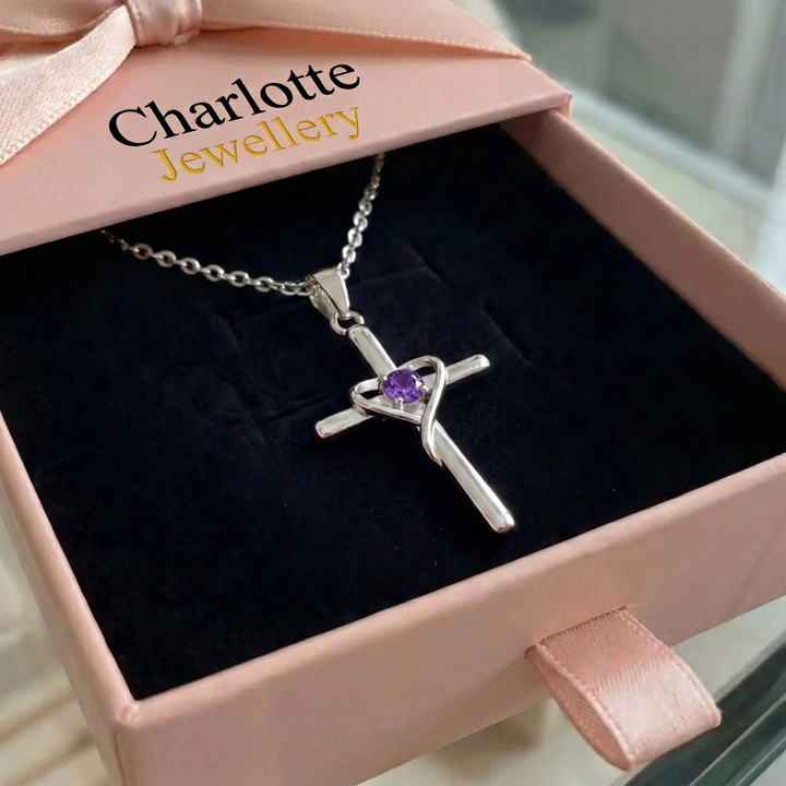Amethyst Centre Cross Necklace | White Gold