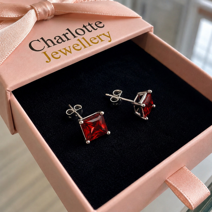 Minimalist Princess Cut Ruby Stud Earrings | White Gold