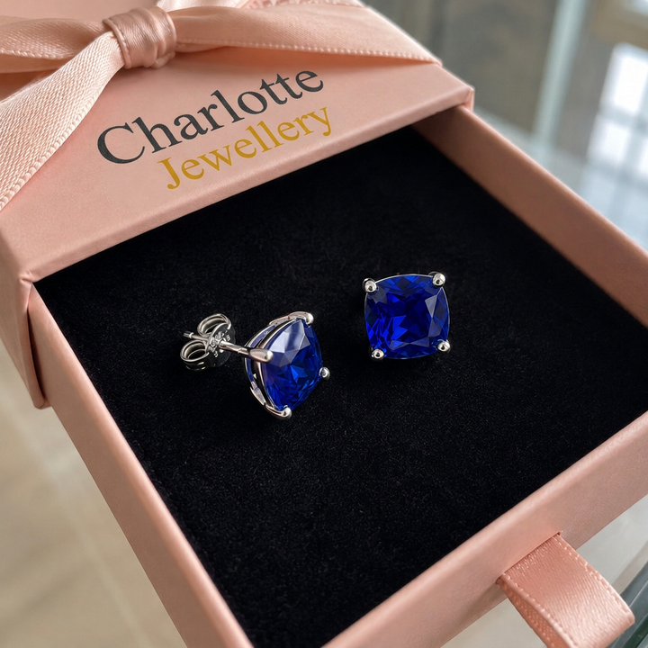 Minimalist Princess Cut Sapphire Stud Earrings | White Gold